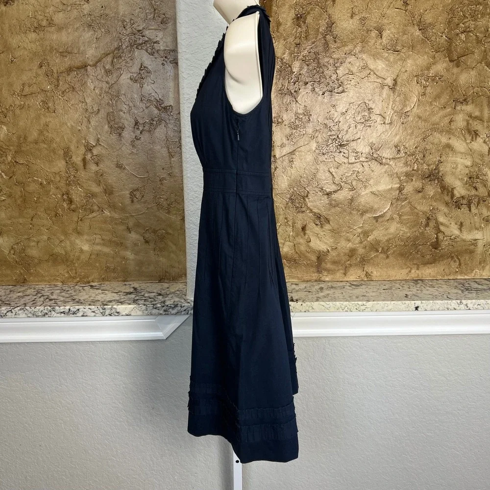 Tory Burch Pleated Sheath Dress Size 2 Navy Blue Sleeveless Ruffle Trim Preppy